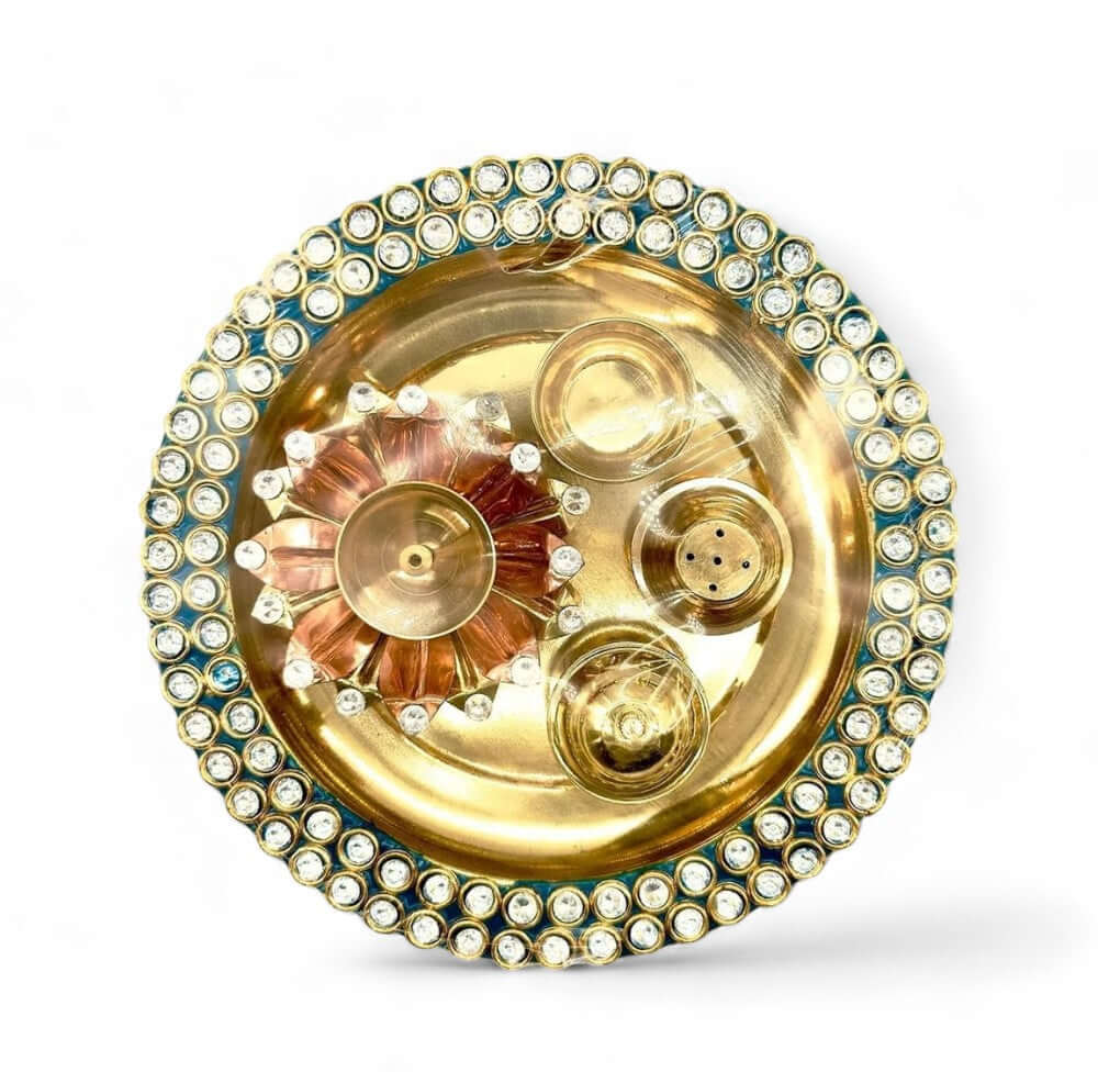 Brass Pooja Thali Set - Beads Decorated (5 Items) - Royalstuffs.com