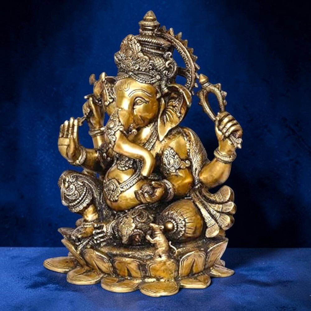Brass Statue 22" Large Size Lord Ganesha Seated in Easy Posture on Lotus,Weight:28 Kg. - Royalstuffs.com