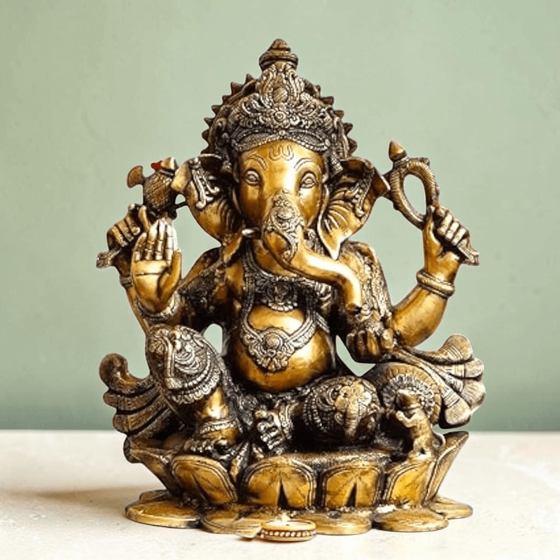 Brass Statue 22" Large Size Lord Ganesha Seated in Easy Posture on Lotus,Weight:28 Kg. - Royalstuffs.com
