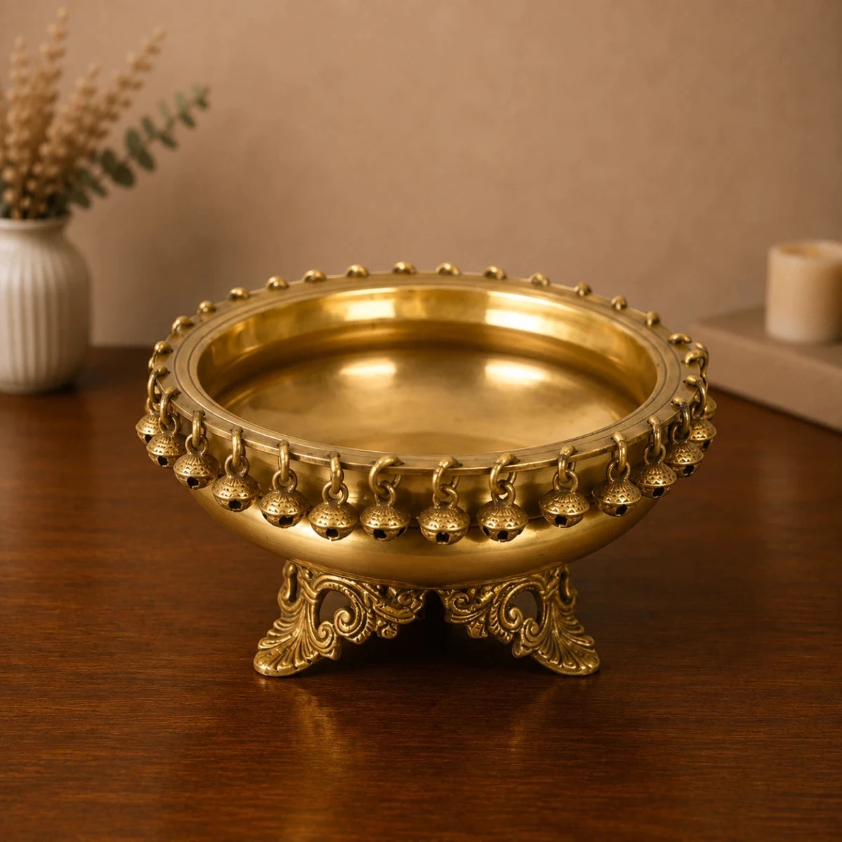 Brass Urli Bowl with Bells | Ethnic Design Pot for Home Decor| Flowers Candle Lamps | for Temple, Room, Traditional, Diwali Decoration, Gift, Showpiece (8.2 inches, 2 kg, Golden Yellow) - Royalstuffs.com