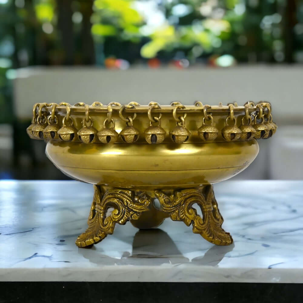 Brass Urli Bowl with Bells | Ethnic Design Pot for Home Decor| Flowers Candle Lamps | for Temple, Room, Traditional, Diwali Decoration, Gift, Showpiece (8.2 inches, 2 kg, Golden Yellow) - Royalstuffs.com