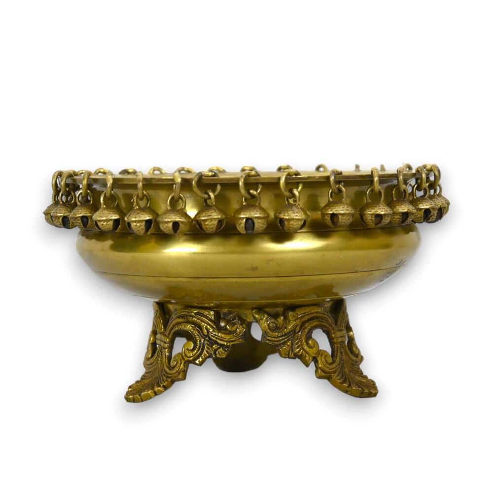 Brass Urli Bowl with Bells | Ethnic Design Pot for Home Decor| Flowers Candle Lamps | for Temple, Room, Traditional, Diwali Decoration, Gift, Showpiece (8.2 inches, 2 kg, Golden Yellow) - Royalstuffs.com