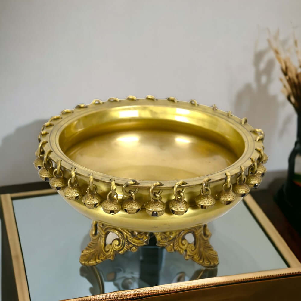 Brass Urli Bowl with Bells | Ethnic Design Pot for Home Decor| Flowers Candle Lamps | for Temple, Room, Traditional, Diwali Decoration, Gift, Showpiece (8.2 inches, 2 kg, Golden Yellow) - Royalstuffs.com