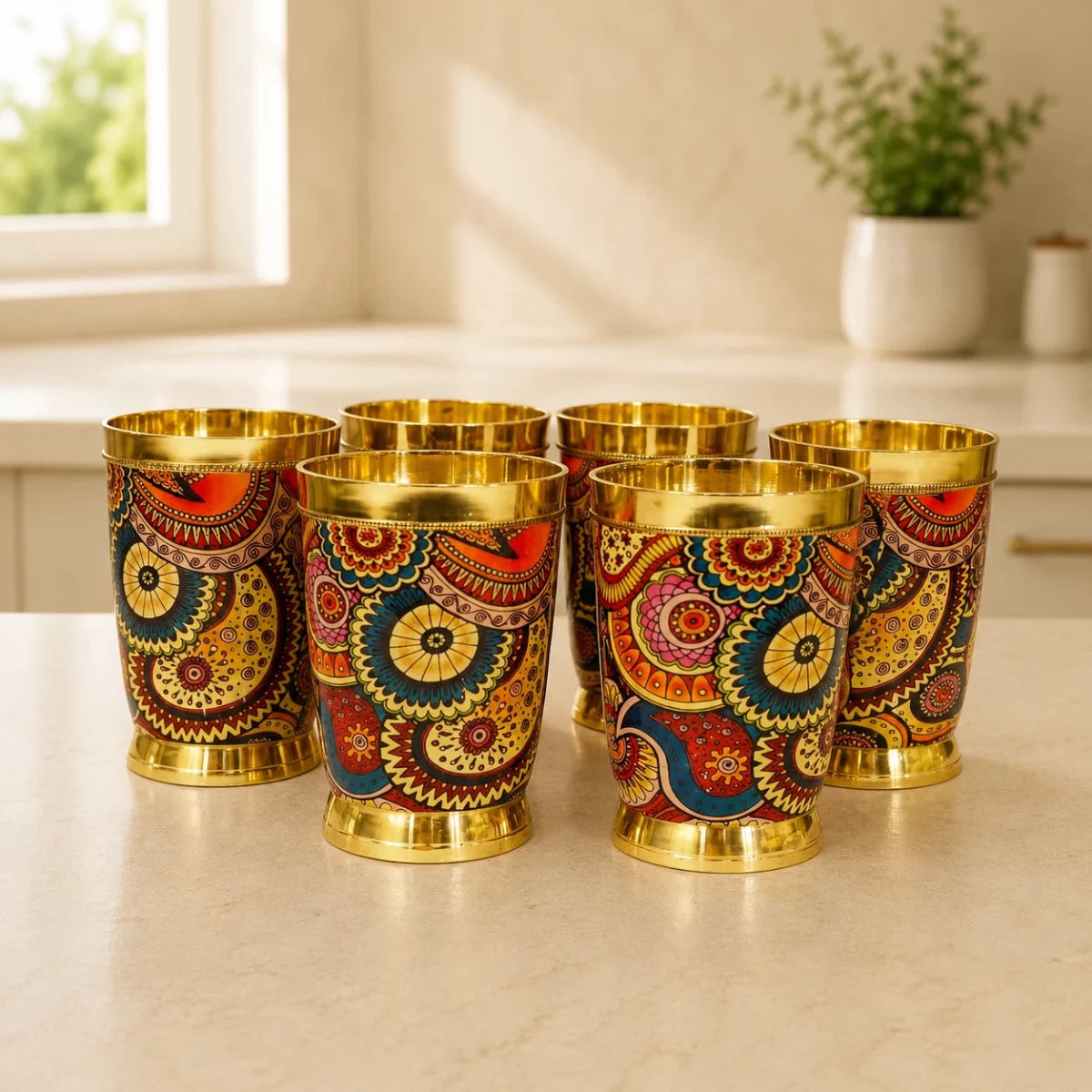 Colorful Enamel Finish Brass Glass Set - Set of 6 - Royalstuffs.com