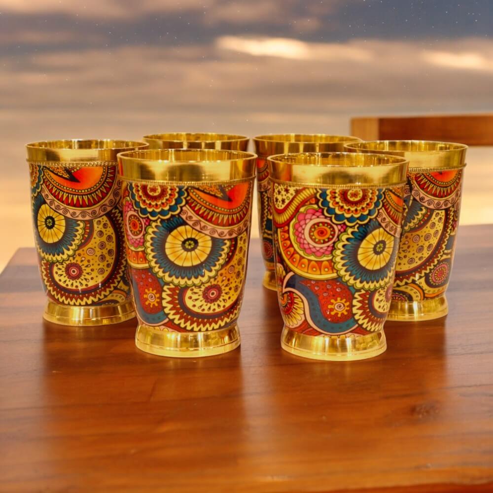 Colorful Enamel Finish Brass Glass Set - Set of 6 - Royalstuffs.com