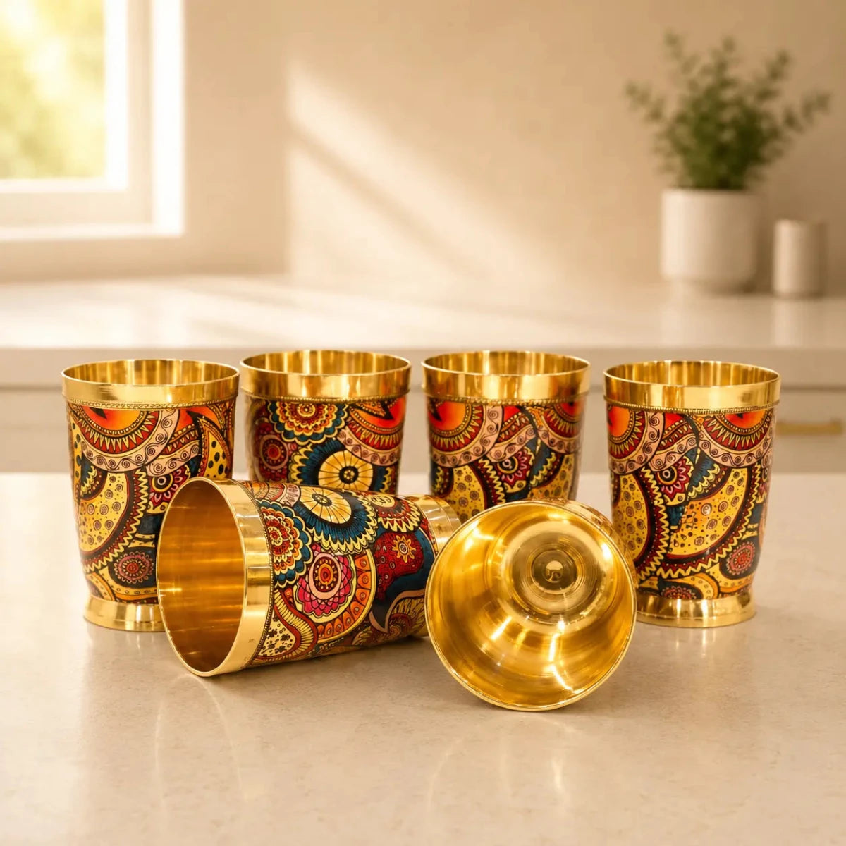 Colorful Enamel Finish Brass Glass Set - Set of 6 - Royalstuffs.com