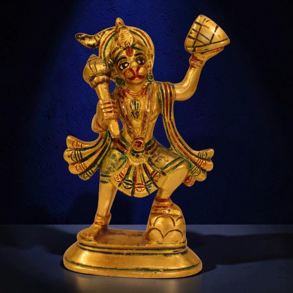 Coloured Brass Hanuman Parvat Standing Statue Idol - 6 Inch - Royalstuffs.com