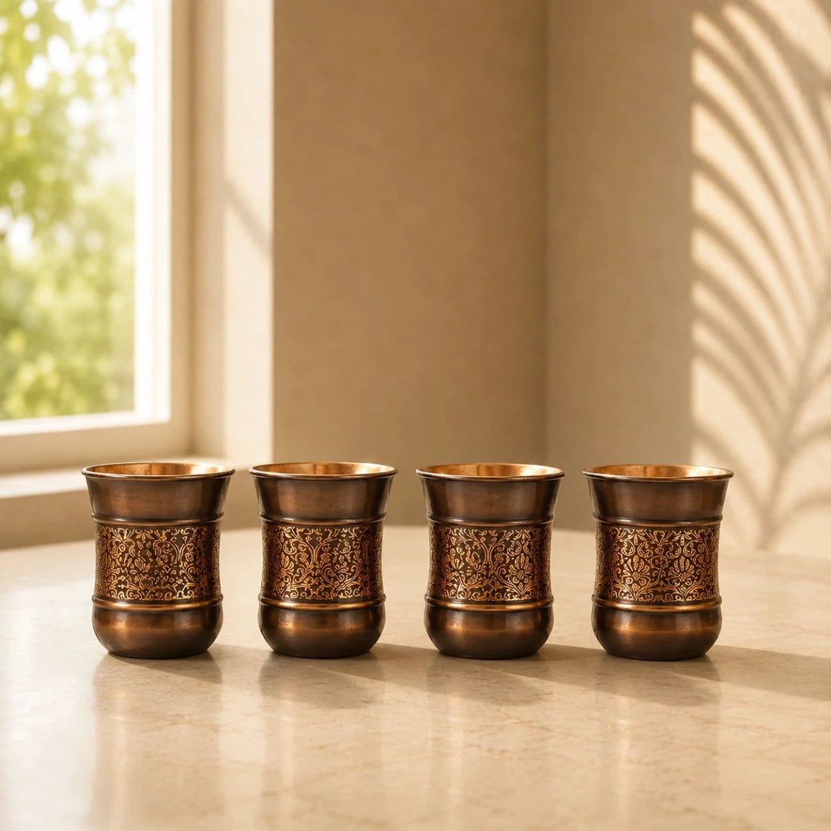 Copper Glass Kashmiri Design Set Of 4 - Royalstuffs.com