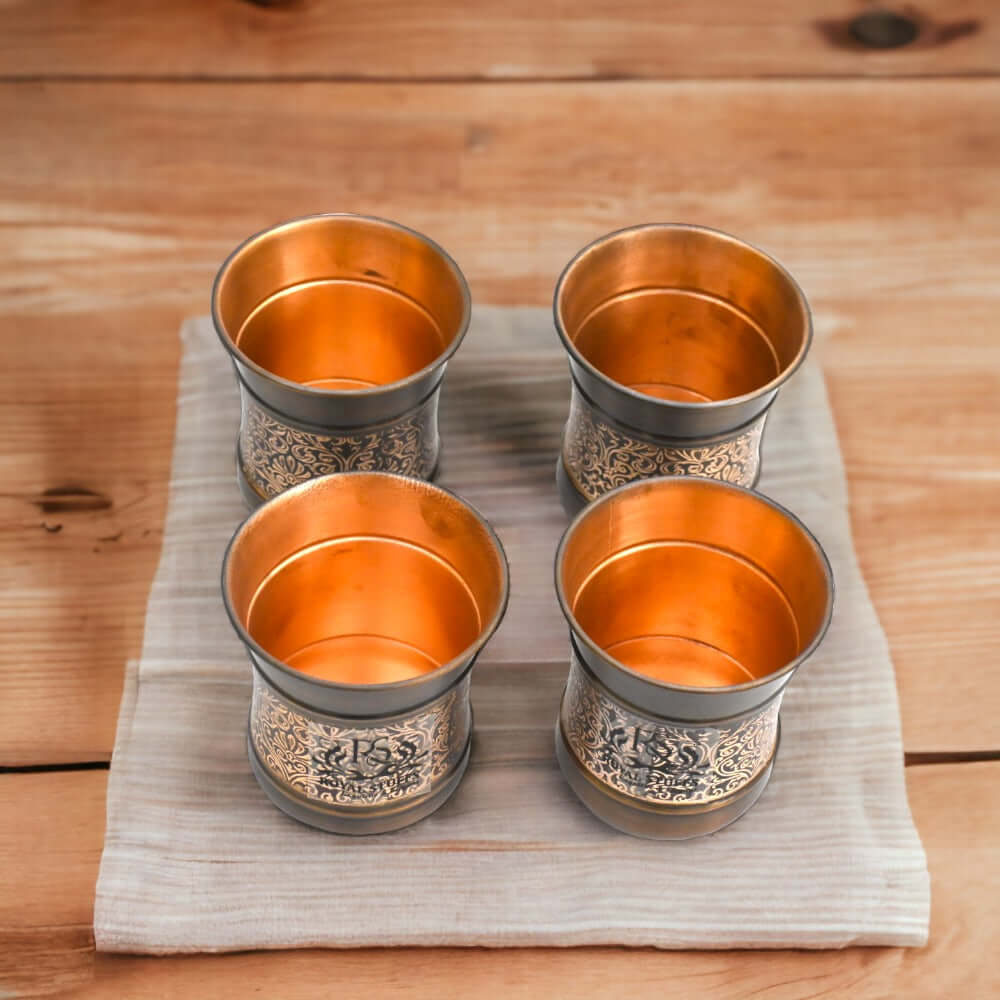 Copper Glass Kashmiri Design Set Of 4 - Royalstuffs.com