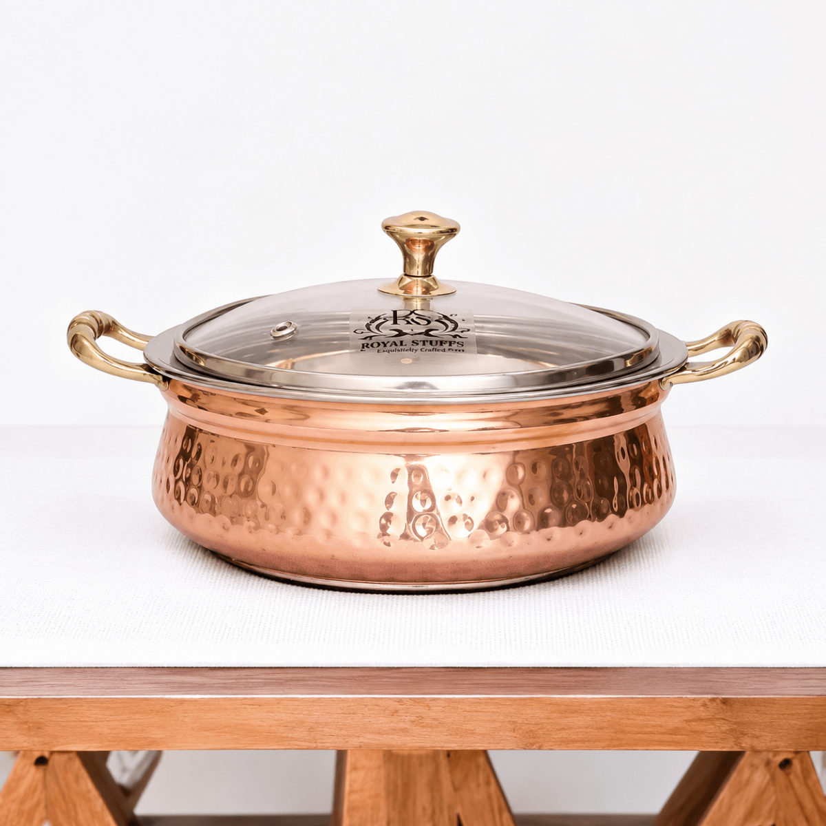 Copper Hammered Design Handi with Glass Lid, 400 ML - Royalstuffs.com