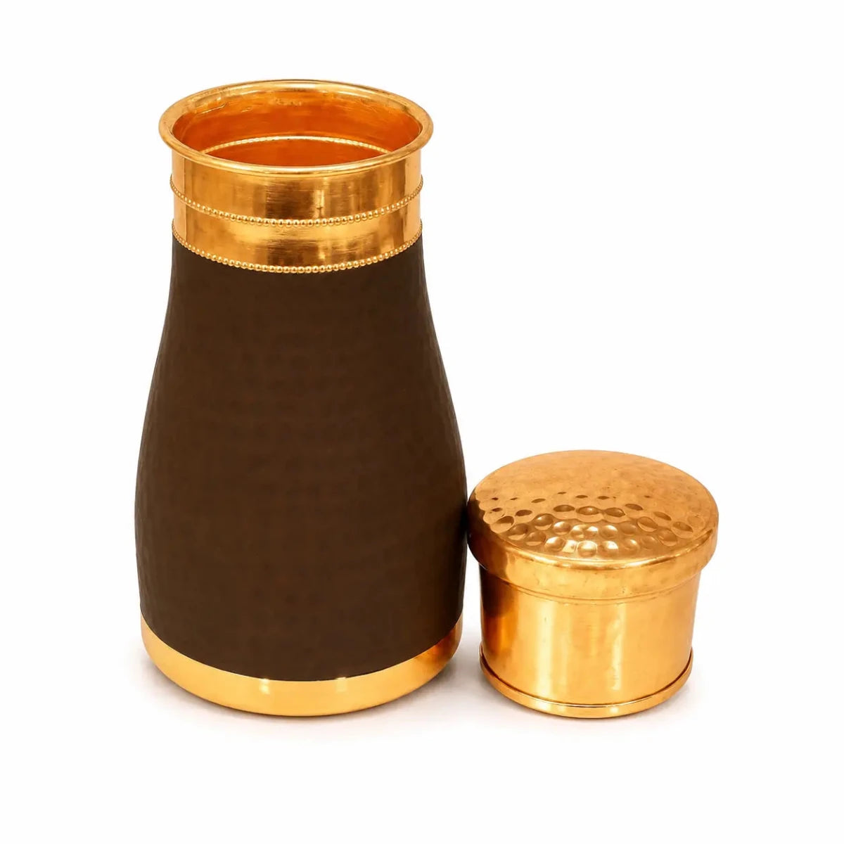 Copper Hammered Silk Finish Bedside Carafe Bottle with Inbuilt Glass (1 Liter Capacity) - Royalstuffs.com