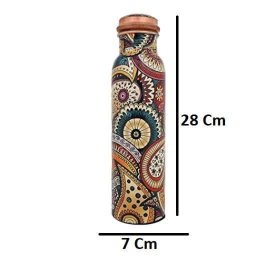 1000 ml Colorful Paisley Copper Water Bottle Showing Product Dimensions and Leak Proof Design
