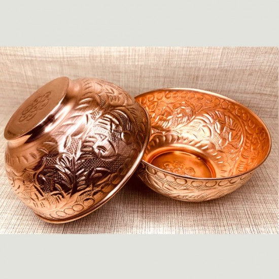 Set of 6 Embossed Leaf Design Copper Bowl (440 ml) Each