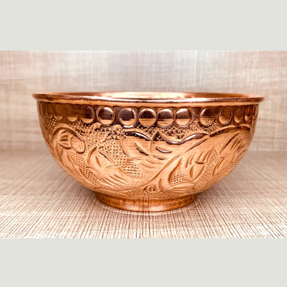 Set of 2 Embossed Leaf Design Copper Bowl (440 ml)