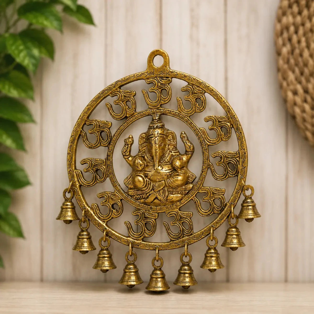 Decorative Pure Brass Om Ganesha Wall Hanging with Bells - Royalstuffs.com