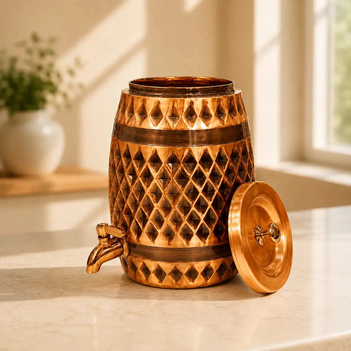 Dholak-Shaped Diamond Pattern Antique Copper Water Dispenser - Royalstuffs.com