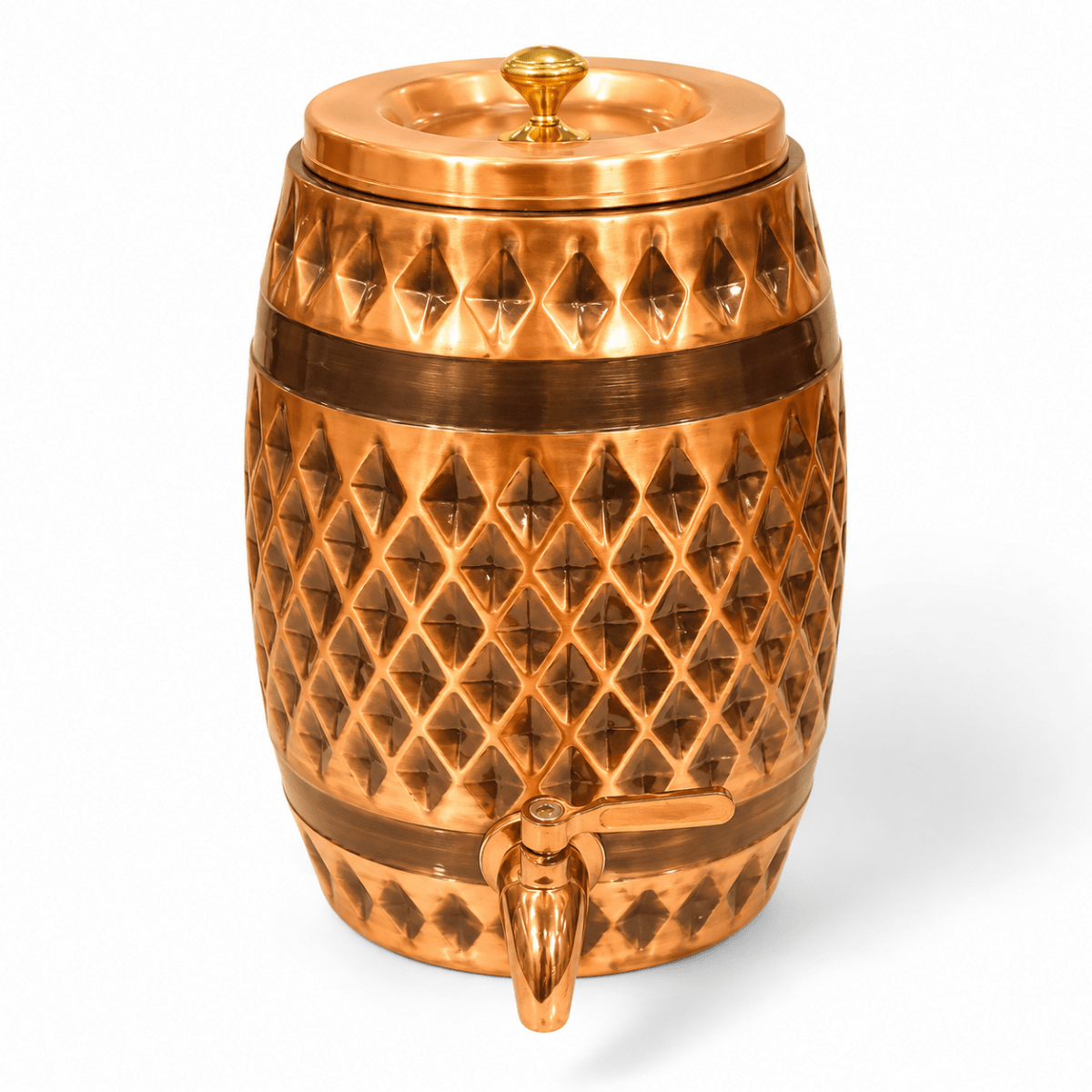 Dholak-Shaped Diamond Pattern Antique Copper Water Dispenser - Royalstuffs.com