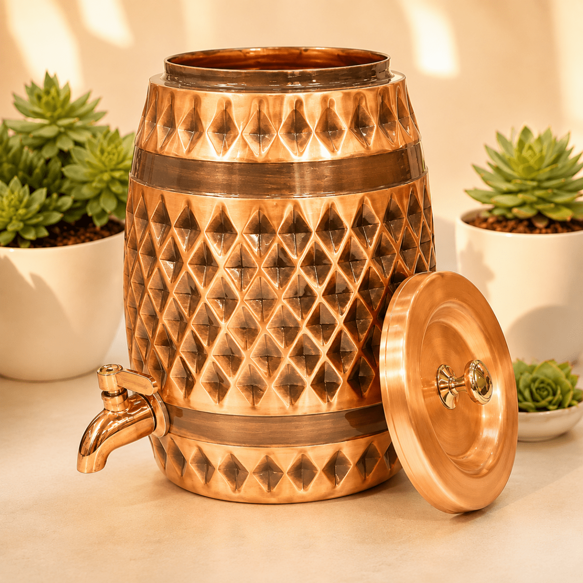 Dholak-Shaped Diamond Pattern Antique Copper Water Dispenser - Royalstuffs.com