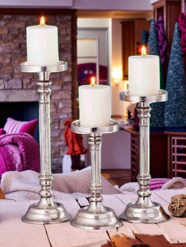 Set of 3 Silver Polished Aluminum Pillar Candle Holders 12 by 10 by 17-Inch