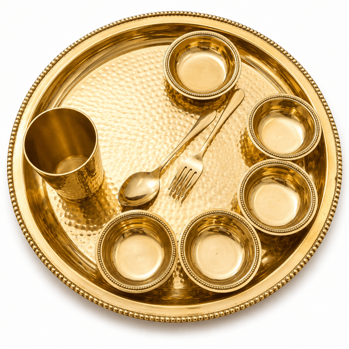 Extra Large Brass Thali Set 15.5 Inch (2.2 Kg) – Grand Maharaja Dining Set with 6 Bowls & Glass - Royalstuffs.com
