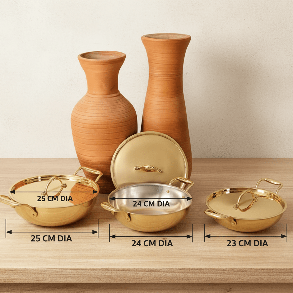 Flat Base Brass Kadhai with Lid & Tin (Kalai) Coating – Traditional Heavy Brass Cookware | RoyalStuffs - Royalstuffs.com