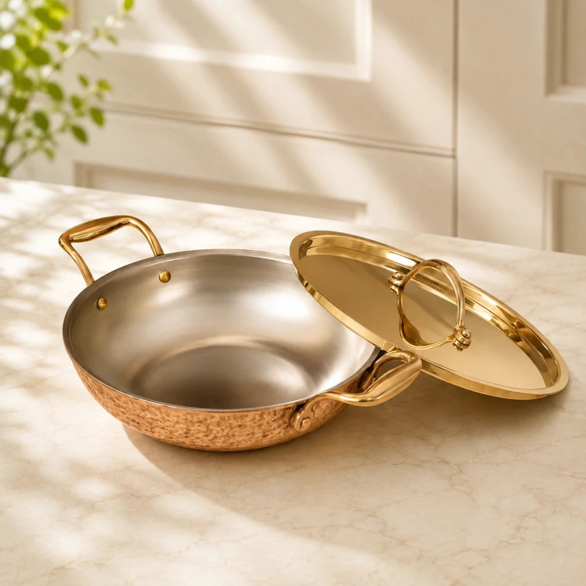 Flat Base Brass Kadhai with Lid & Tin (Kalai) Coating – Traditional Heavy Brass Cookware | RoyalStuffs - Royalstuffs.com