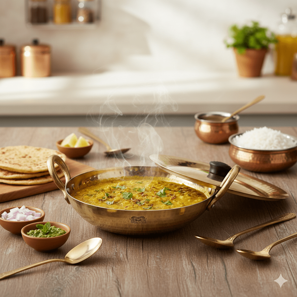 Handmade Brass Kadhai with Tin Coating & Lid | Heavy Bottom Traditional Cookware - Royalstuffs.com