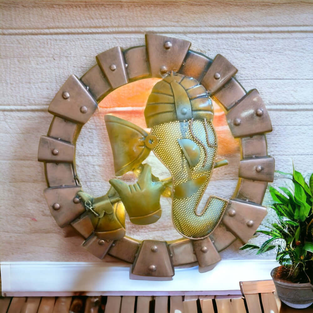 Ganesha | LED-Light Iron Wall Hanging with Flute | Spiritual iron Ganesha wall art and décor | Multicolor | 19 inch diameter | Material - Iron - Royalstuffs.com