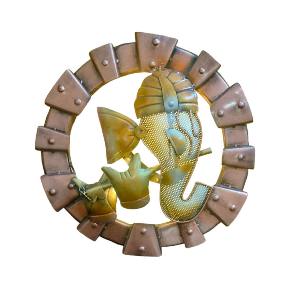 Ganesha | LED-Light Iron Wall Hanging with Flute | Spiritual iron Ganesha wall art and décor | Multicolor | 19 inch diameter | Material - Iron - Royalstuffs.com