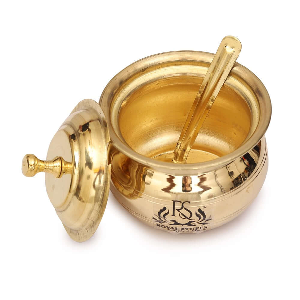 Golden Antique Brass Ghee & Oil Pot/Pickle Pot, Multipurpose Container 250 ML with Lid and Spoon - Royalstuffs.com