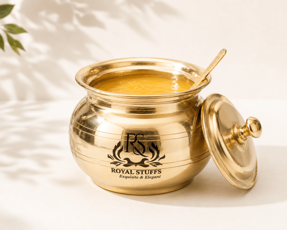 Golden Antique Brass Ghee & Oil Pot/Pickle Pot, Multipurpose Container 250 ML with Lid and Spoon - Royalstuffs.com