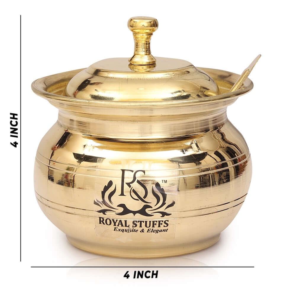 Golden Antique Brass Ghee & Oil Pot/Pickle Pot, Multipurpose Container 250 ML with Lid and Spoon - Royalstuffs.com