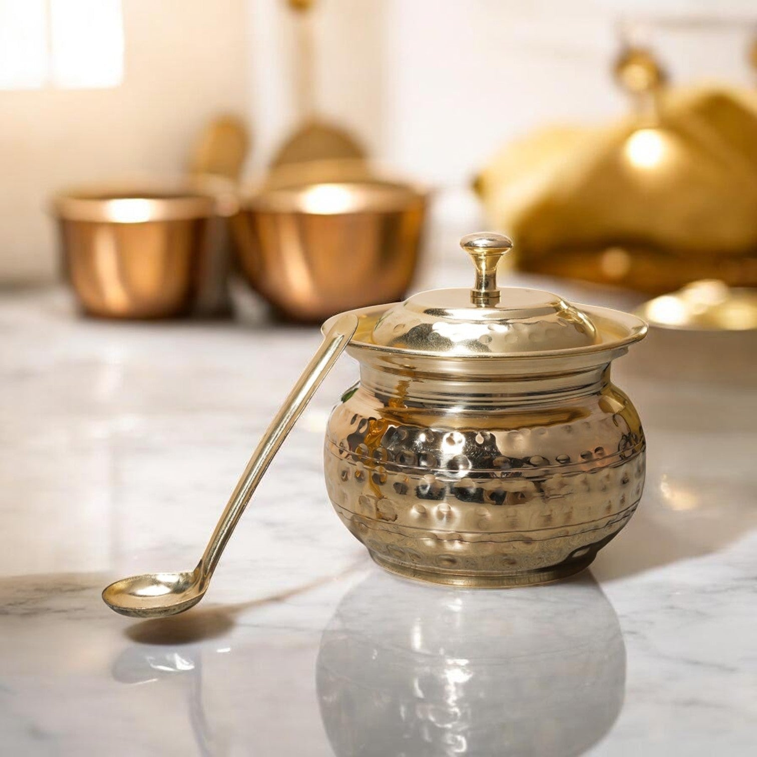 Golden Antique Hammered Brass Ghee Pot with Lid & Spoon | RoyalStuffs - Royalstuffs.com