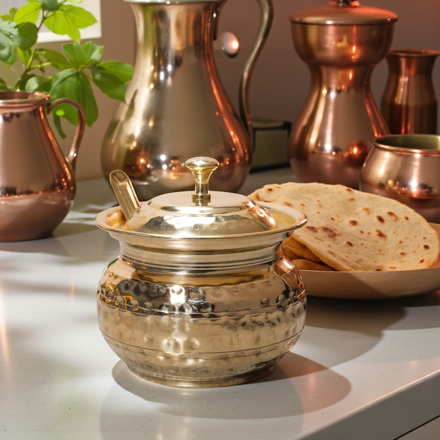 Golden Antique Hammered Brass Ghee Pot with Lid & Spoon | RoyalStuffs - Royalstuffs.com