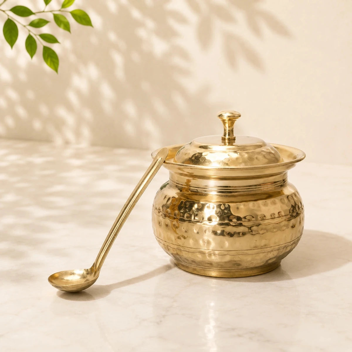 Golden Antique Hammered Brass Ghee Pot with Lid & Spoon | RoyalStuffs - Royalstuffs.com