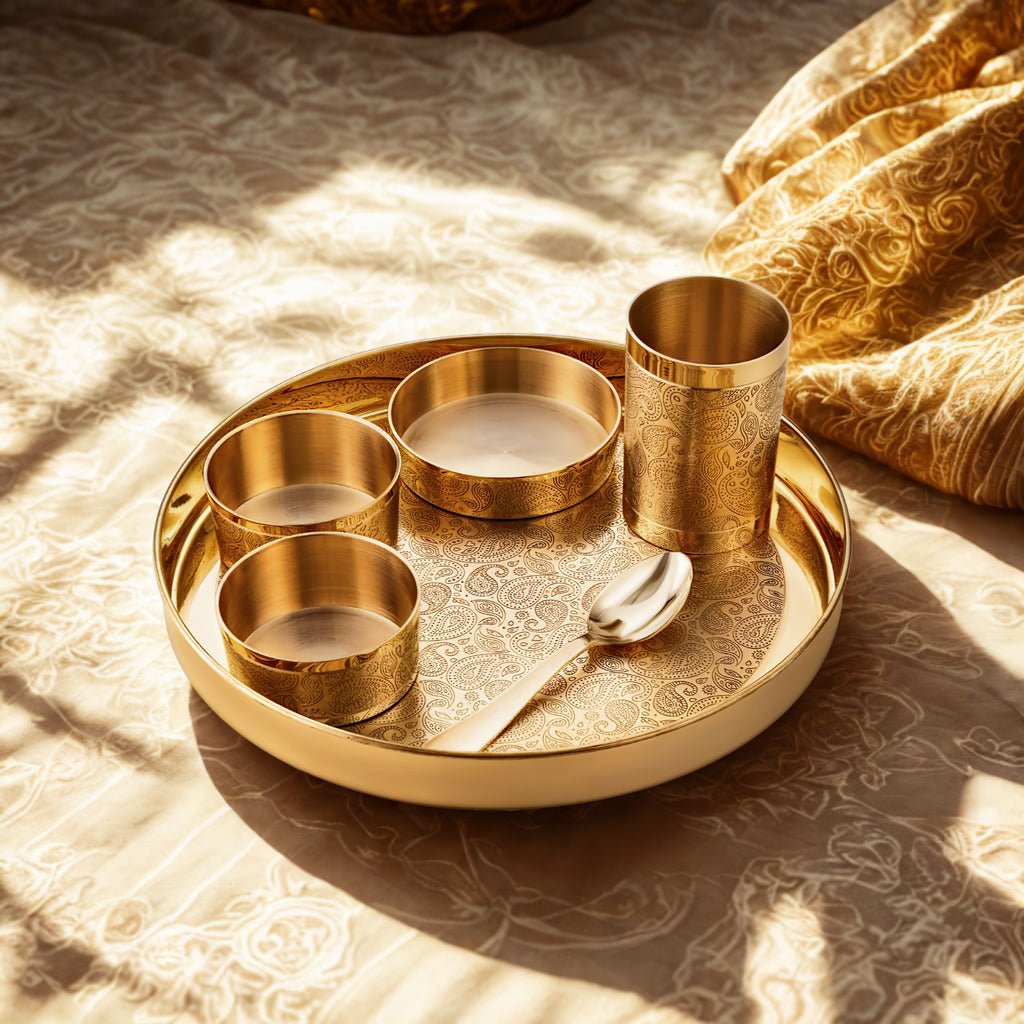Good Luck Brass Thaali Set – Handcrafted Etched Dinnerware - Royalstuffs.com