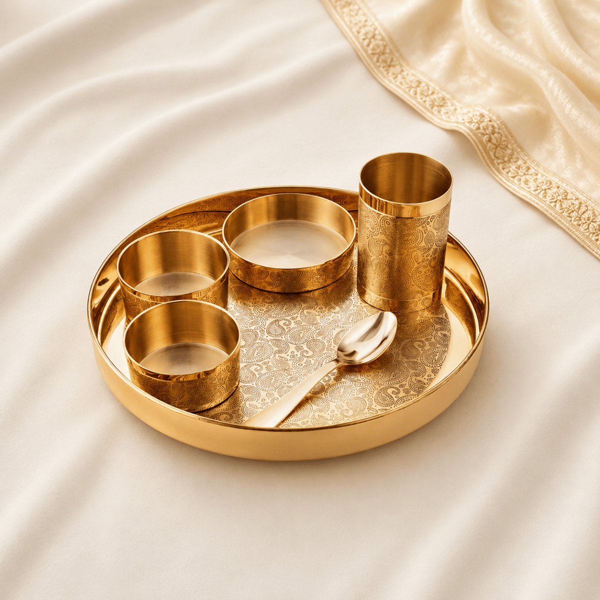 Good Luck Brass Thaali Set – Handcrafted Etched Dinnerware - Royalstuffs.com