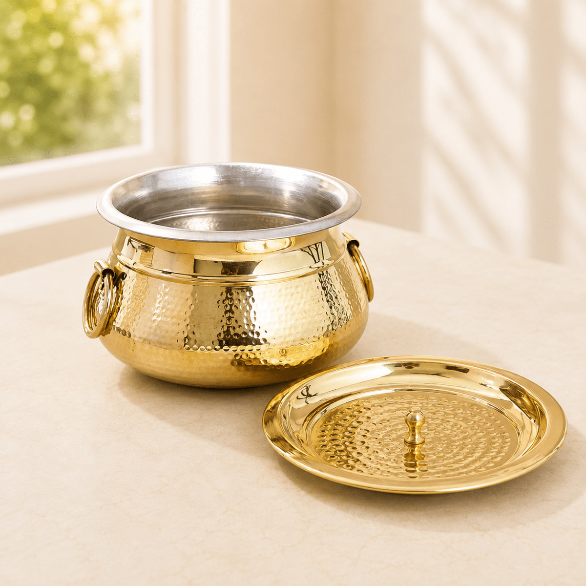 Hammered Brass Degchi Pot with Lid & Tin (Kalai) Coating – Traditional Heavy Brass Cooking Vessel | 3 Sizes | RoyalStuffs - Royalstuffs.com