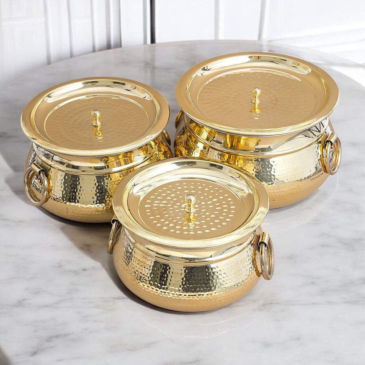 Hammered Brass Degchi Pot with Lid & Tin (Kalai) Coating – Traditional Heavy Brass Cooking Vessel | 3 Sizes | RoyalStuffs - Royalstuffs.com
