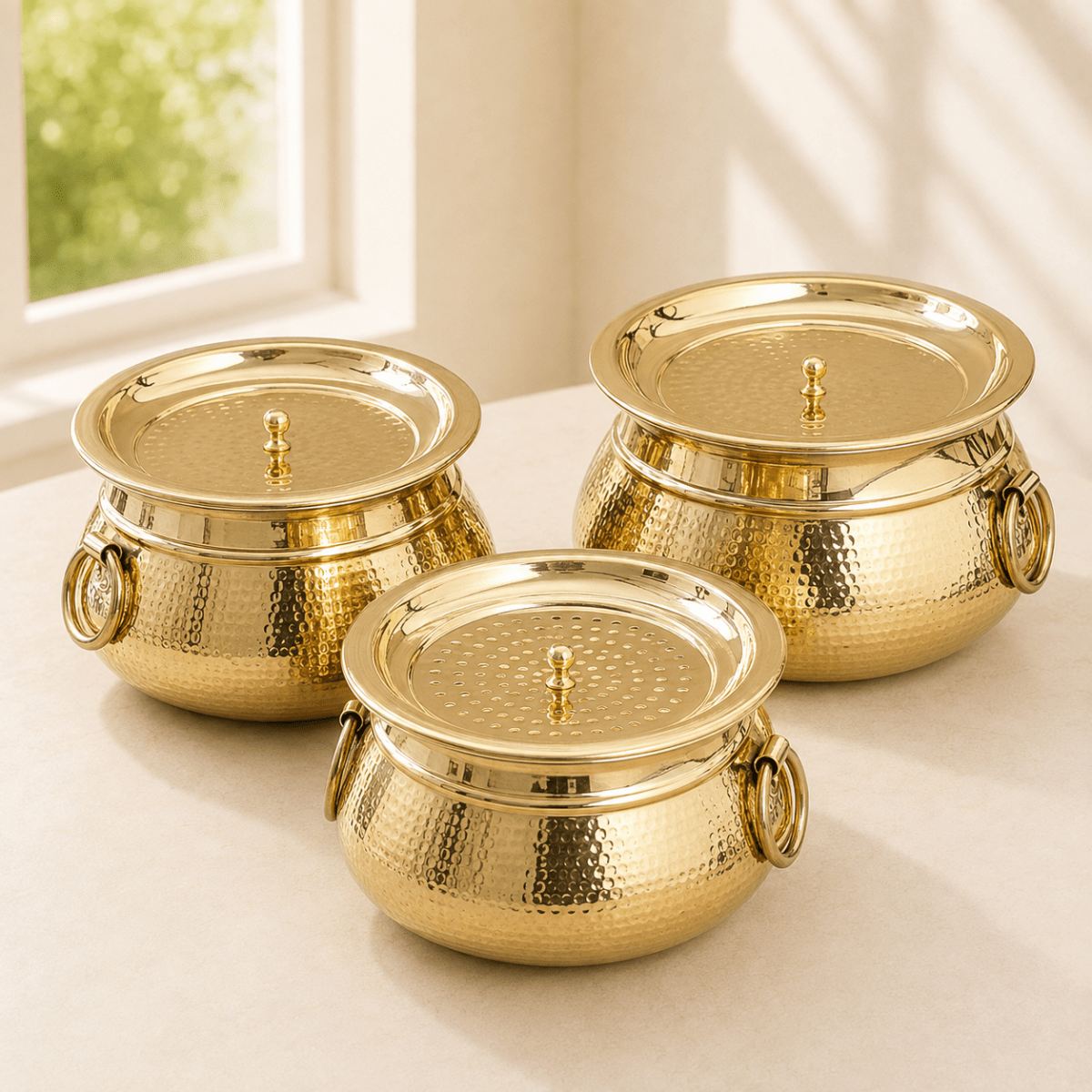 Hammered Brass Degchi Pot with Lid & Tin (Kalai) Coating – Traditional Heavy Brass Cooking Vessel | 3 Sizes | RoyalStuffs - Royalstuffs.com