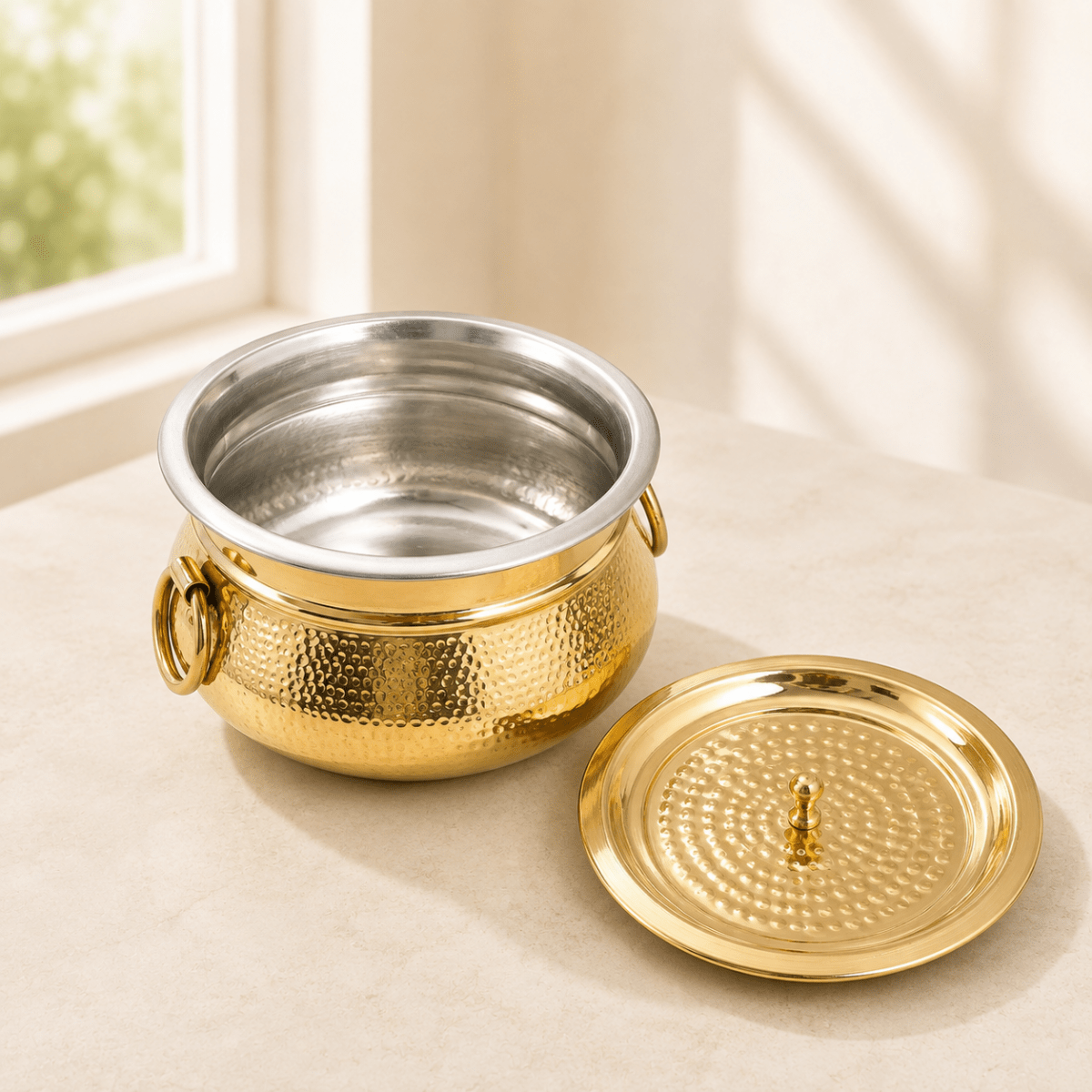 Hammered Brass Degchi Pot with Lid & Tin (Kalai) Coating – Traditional Heavy Brass Cooking Vessel | 3 Sizes | RoyalStuffs - Royalstuffs.com