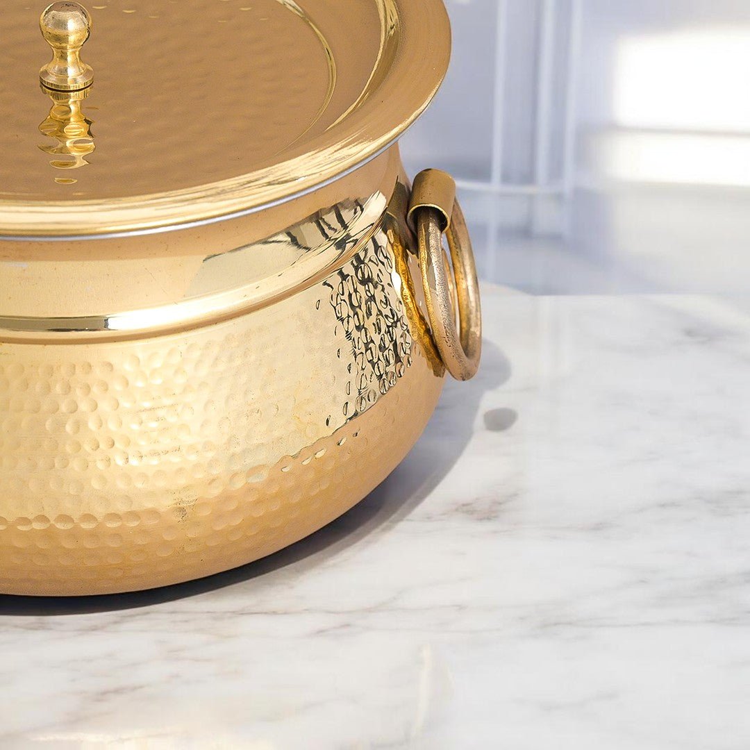 Hammered Brass Degchi Pot with Lid & Tin (Kalai) Coating – Traditional Heavy Brass Cooking Vessel | 3 Sizes | RoyalStuffs - Royalstuffs.com