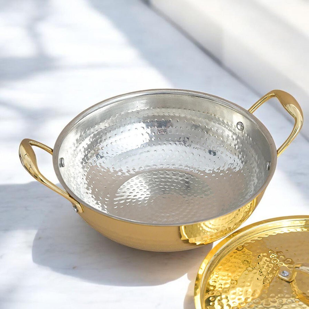 Hammered Brass Kadhai with Lid & Tin (Kalai) Coating – Traditional Heavy Brass Cooking & Serving Kadhai | 3 Sizes | RoyalStuffs - Royalstuffs.com