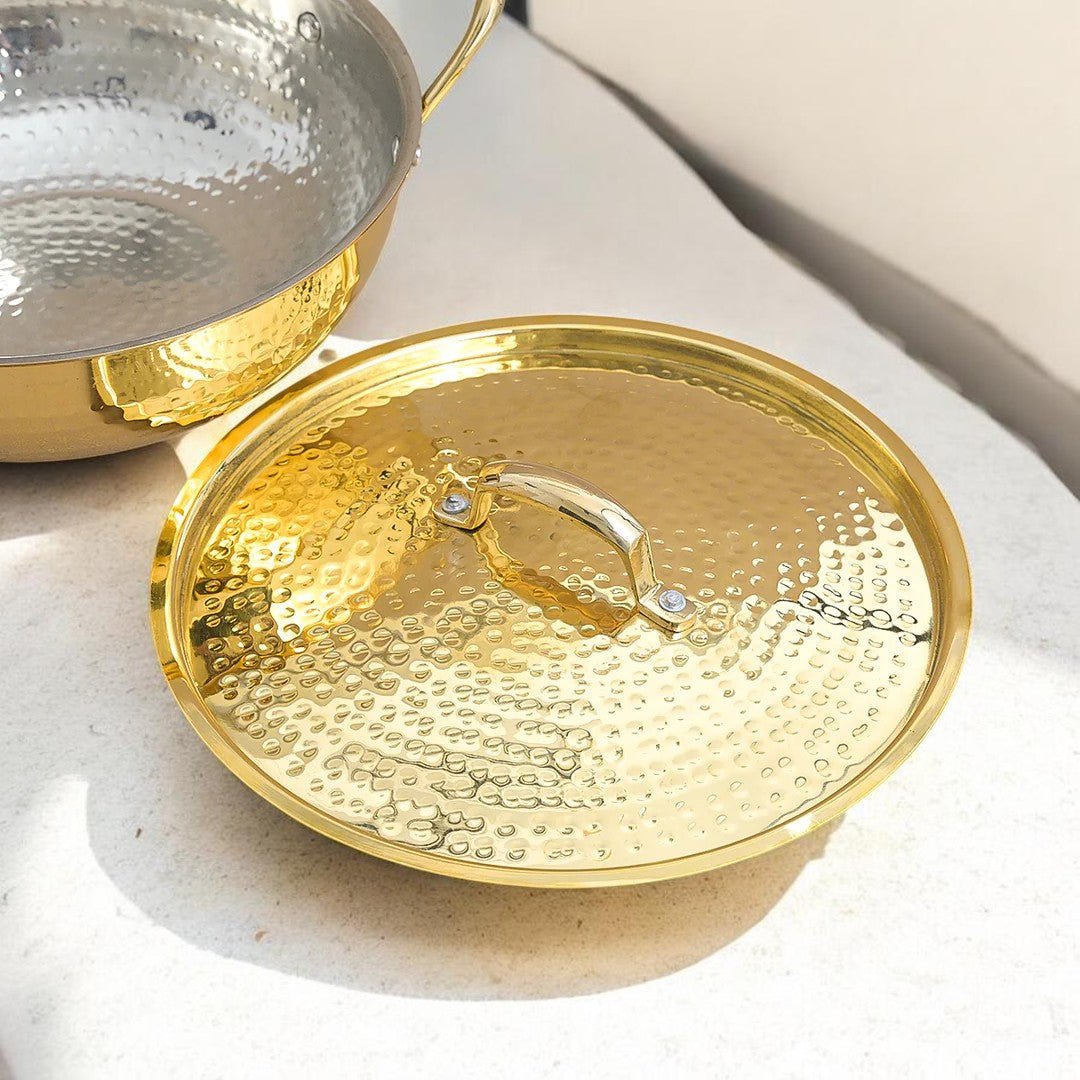 Hammered Brass Kadhai with Lid & Tin (Kalai) Coating – Traditional Heavy Brass Cooking & Serving Kadhai | 3 Sizes | RoyalStuffs - Royalstuffs.com