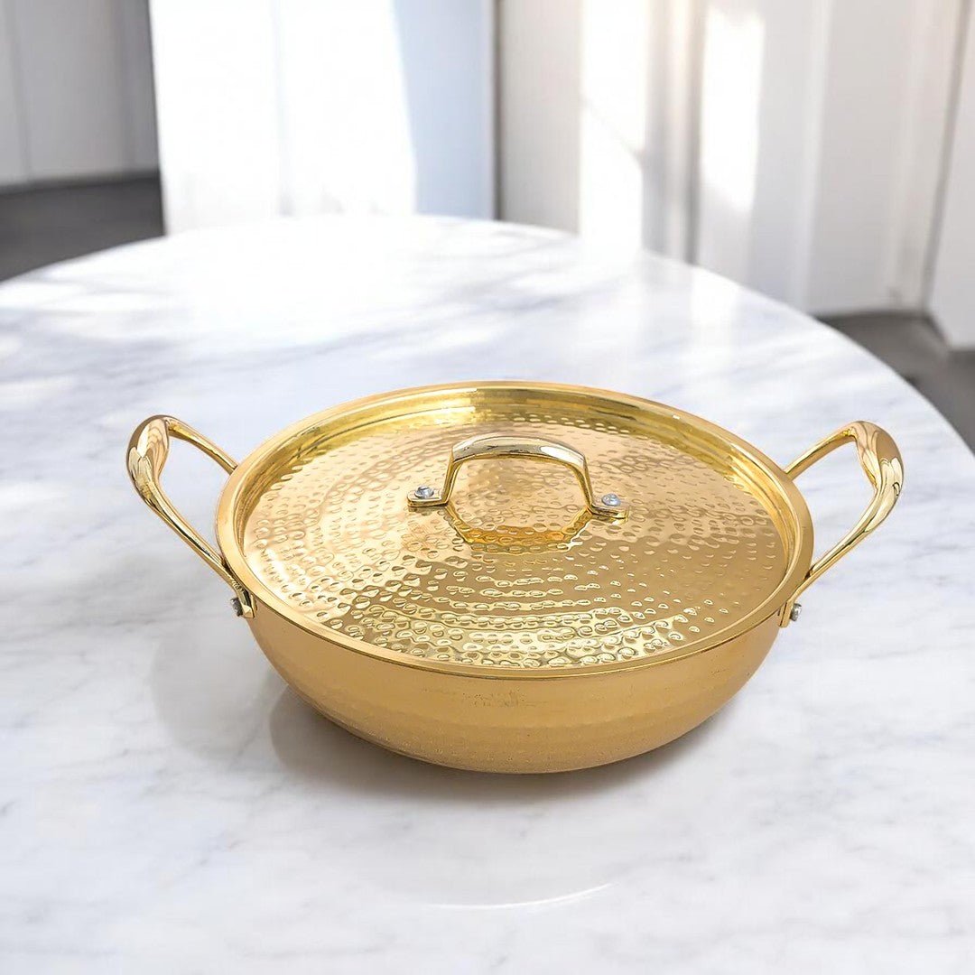 Hammered Brass Kadhai with Lid & Tin (Kalai) Coating – Traditional Heavy Brass Cooking & Serving Kadhai | 3 Sizes | RoyalStuffs - Royalstuffs.com