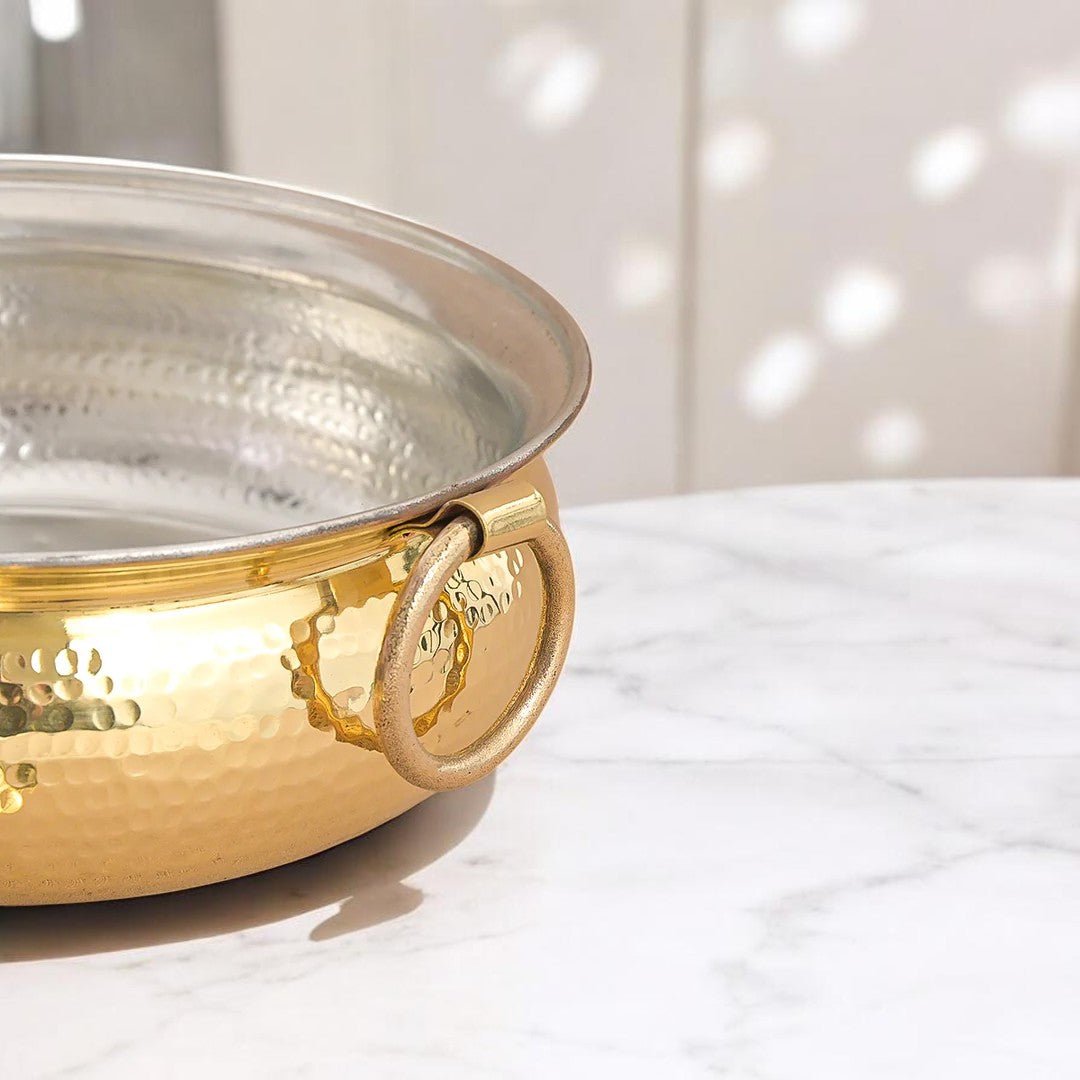 Hammered Mughlai Style Brass Handi with Lid & Tin (Kalai) Coating – Traditional Heavy Brass Cooking Pot | 3 Sizes | RoyalStuffs - Royalstuffs.com