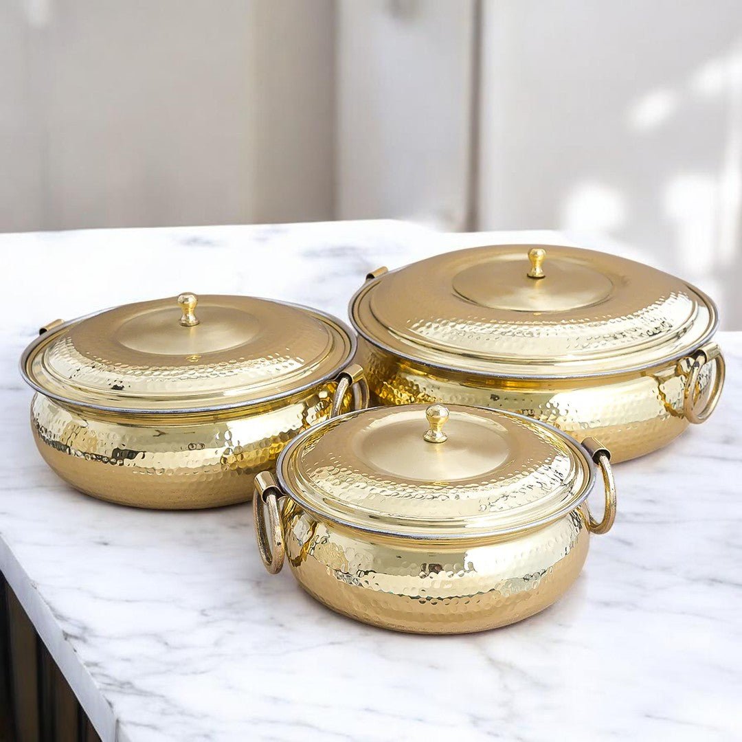 Hammered Mughlai Style Brass Handi with Lid & Tin (Kalai) Coating – Traditional Heavy Brass Cooking Pot | 3 Sizes | RoyalStuffs - Royalstuffs.com