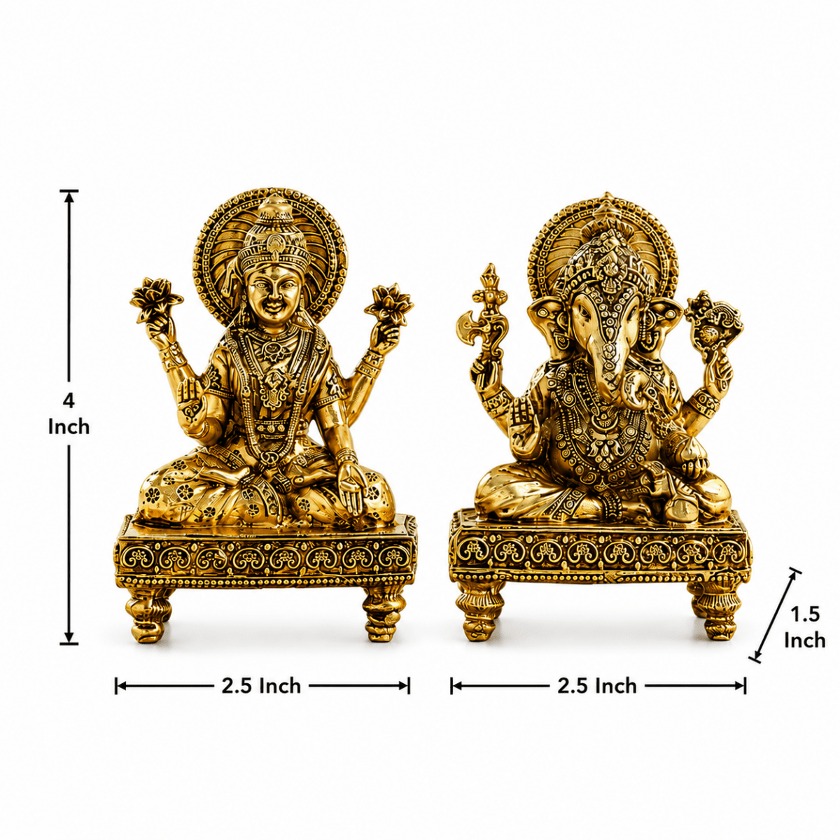 Handcrafted Brass Chowki Ganesha & Lakshmi Idol Set (4 Inch) | RoyalStuffs - Royalstuffs.com