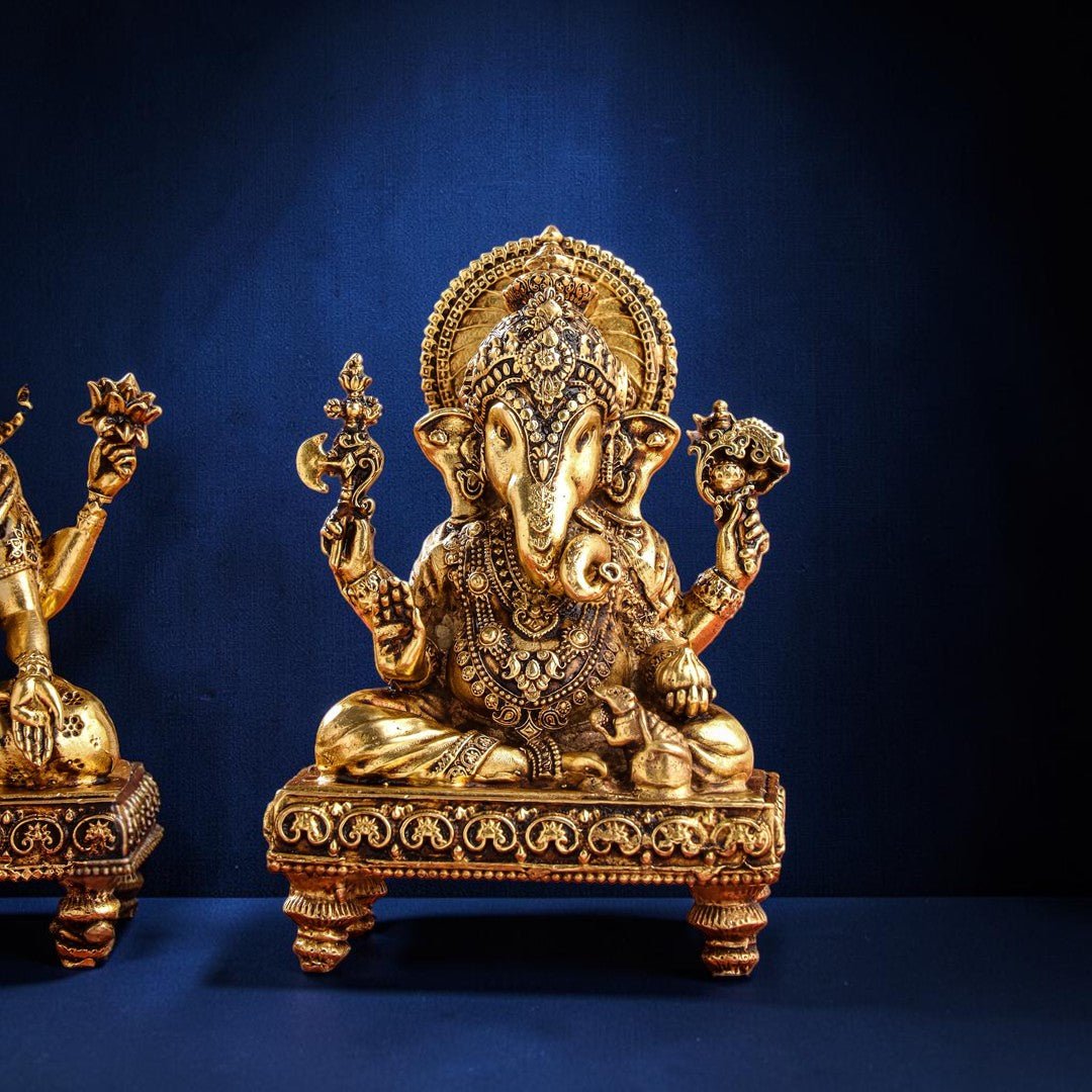 Handcrafted Brass Chowki Ganesha & Lakshmi Idol Set (4 Inch) | RoyalStuffs - Royalstuffs.com