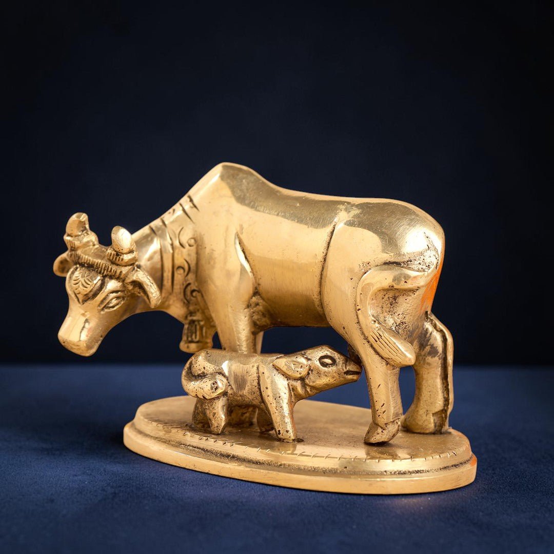 Handcrafted Brass Kamdhenu Cow with Calf Idol (2.5 Inch) | RoyalStuffs - Royalstuffs.com